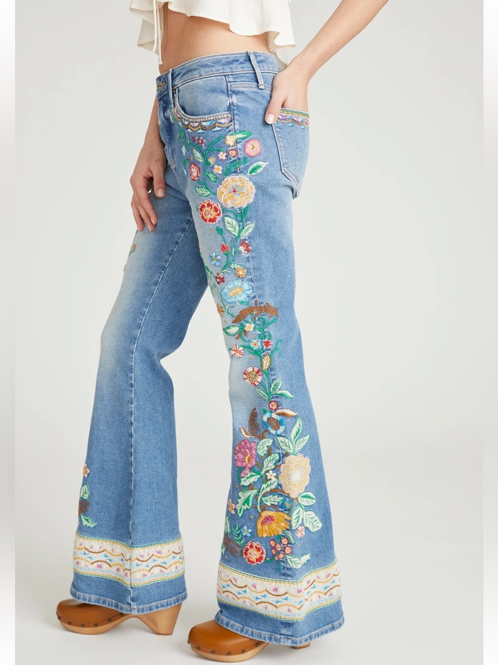 Free People Driftwood Gardenia Farrah Embroidered Flare Jeans